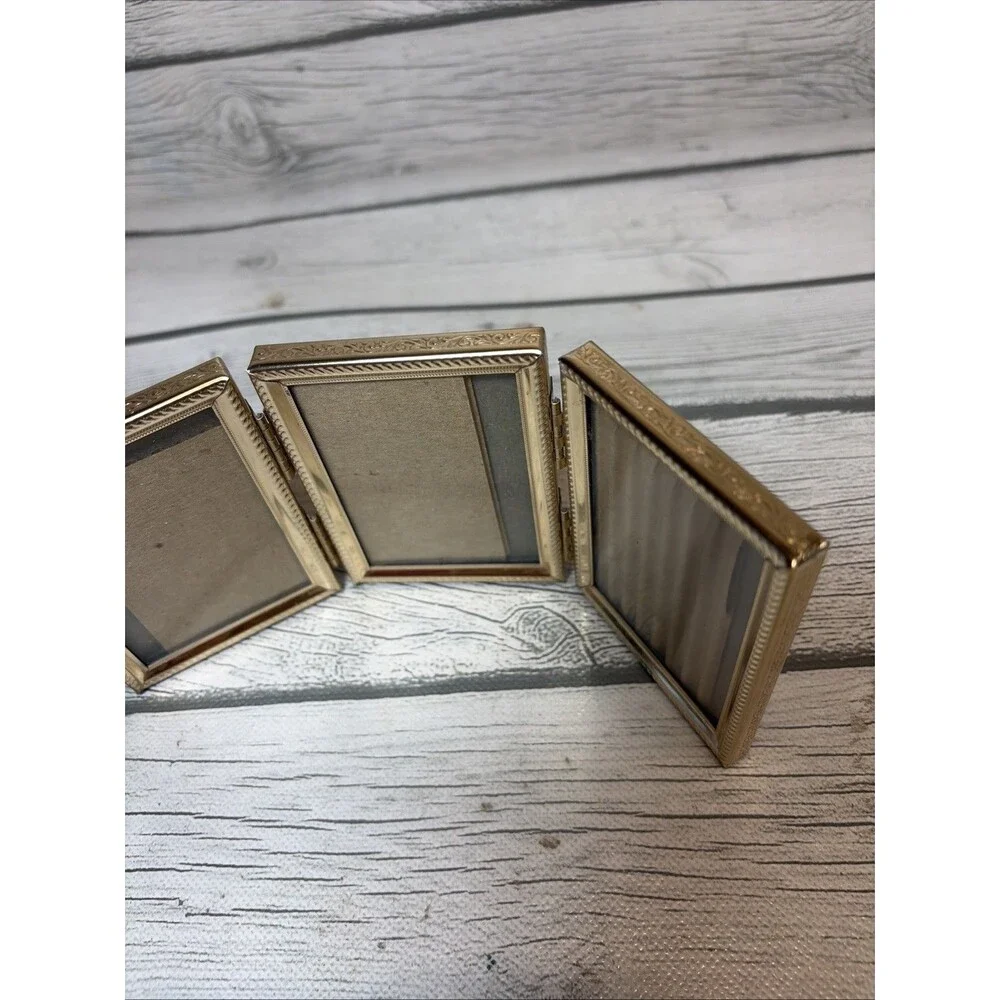 Vintage MCM Tri-Fold Brass Gold Color Hinged Photo Frame 2